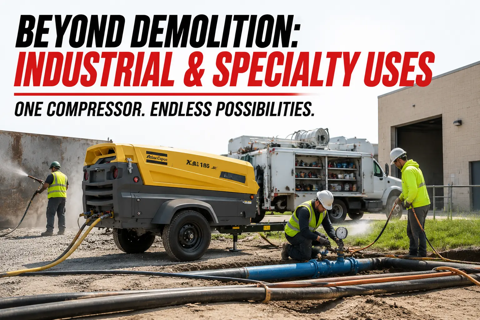 Atlas Copco 185 CFM diesel compressor parked at a construction site
