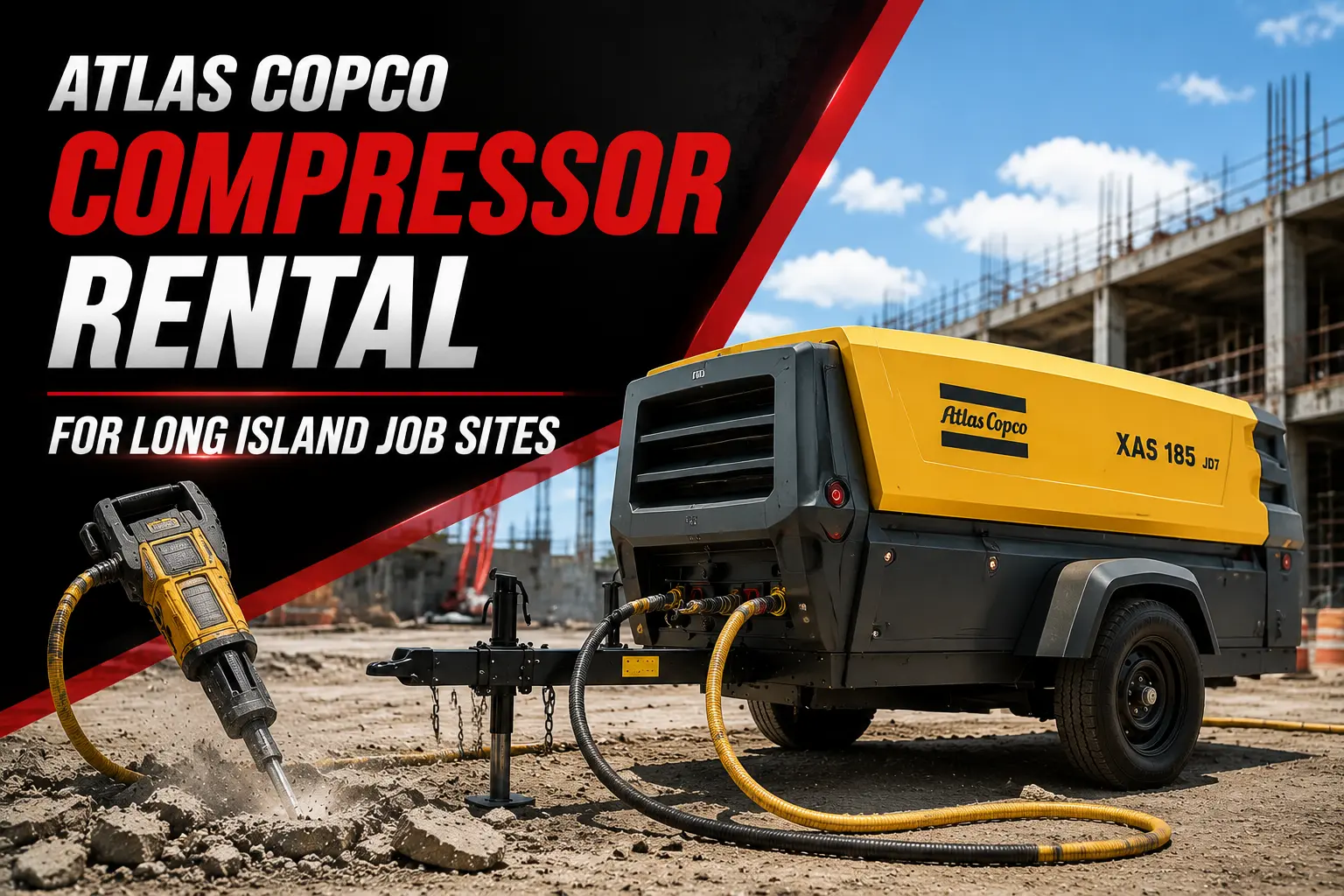 Atlas Copco 185 CFM towable air compressor on a Long Island job site