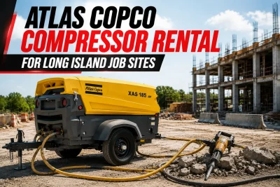 Atlas Copco 185 CFM compressor rental on a Long Island job site