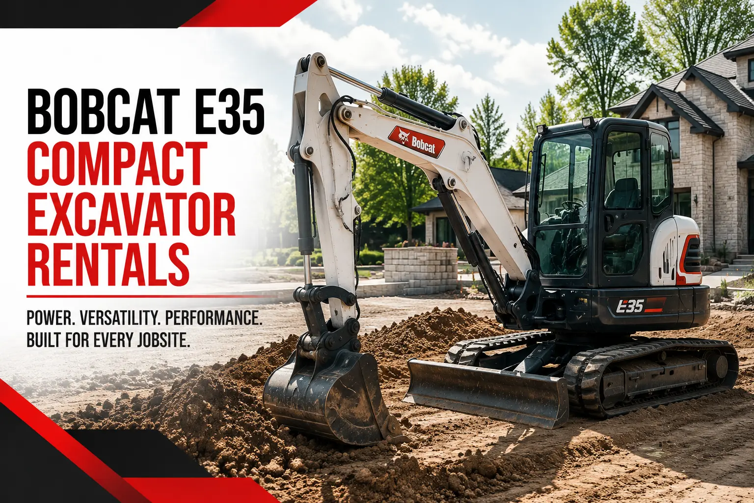 Bobcat E35 compact excavator rental working on a construction jobsite for digging, grading, and site preparation projects