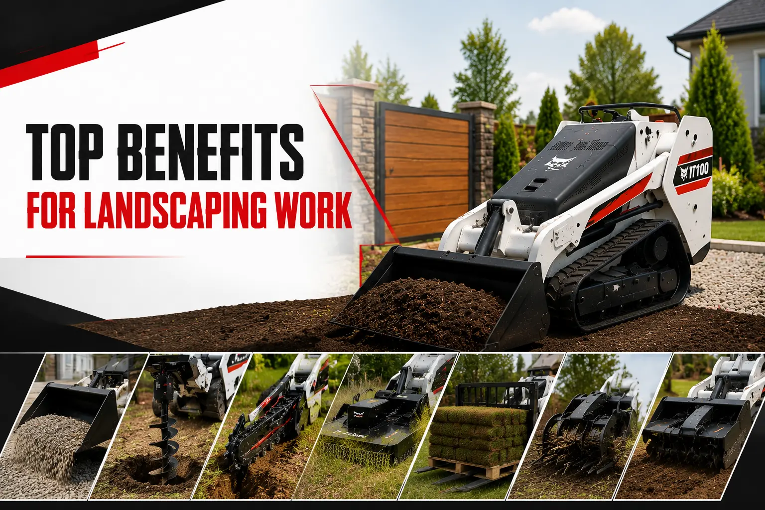 Bobcat MT100 mini skid steer with landscaping attachments for yard projects