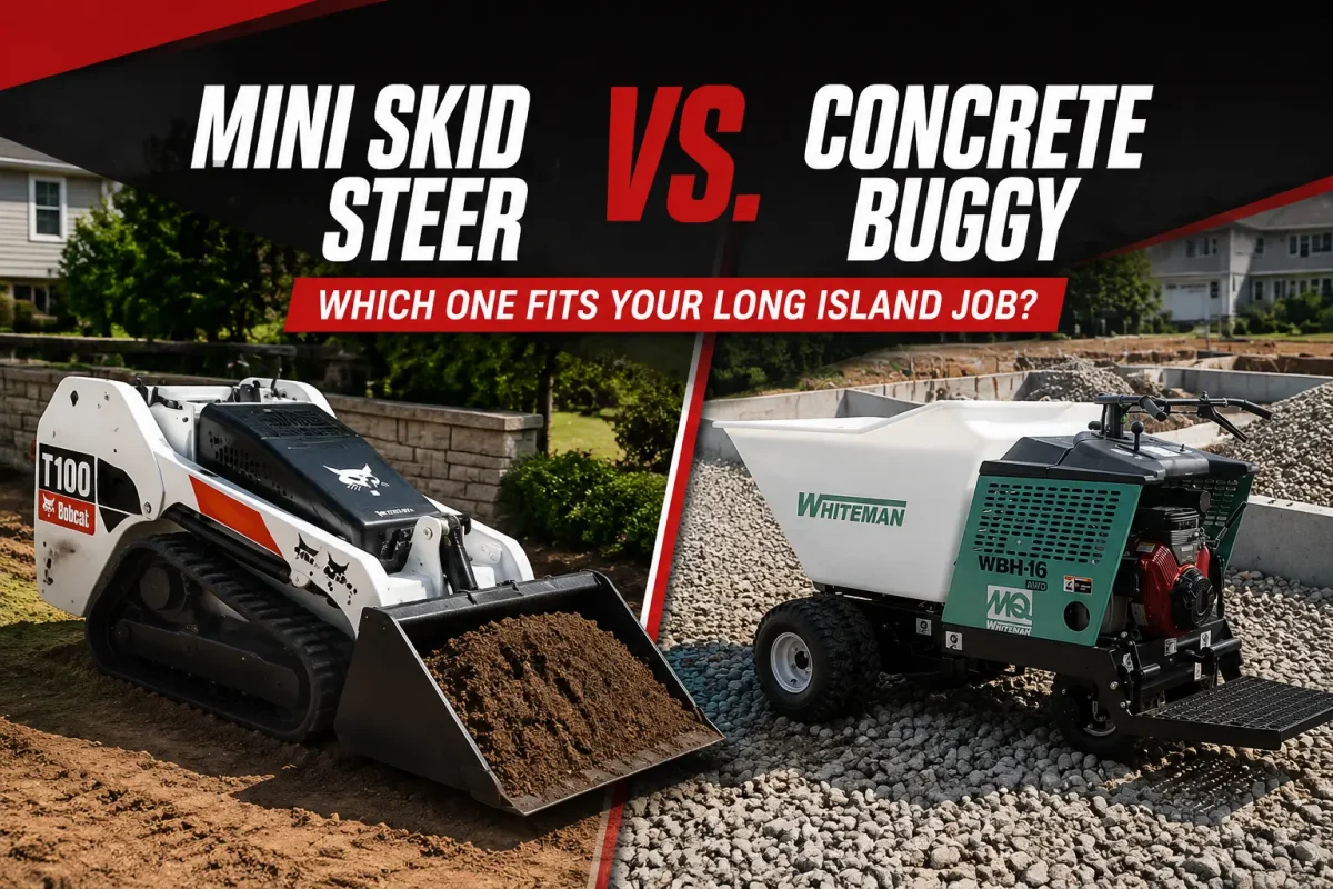 Mini skid steer and concrete buggy comparison for Long Island jobs
