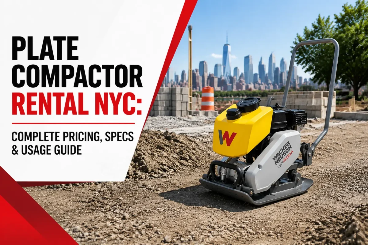 Plate compactor rental NYC banner with plate compactors on a jobsite and city skyline background