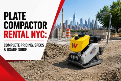 Plate compactor rental NYC banner with plate compactors on a jobsite and city skyline background