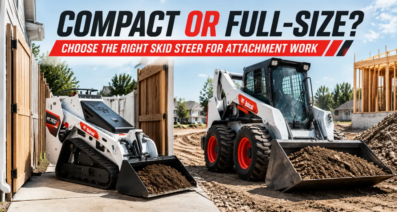 Bobcat MT100 compact skid steer compared with full-size skid steer for construction attachment