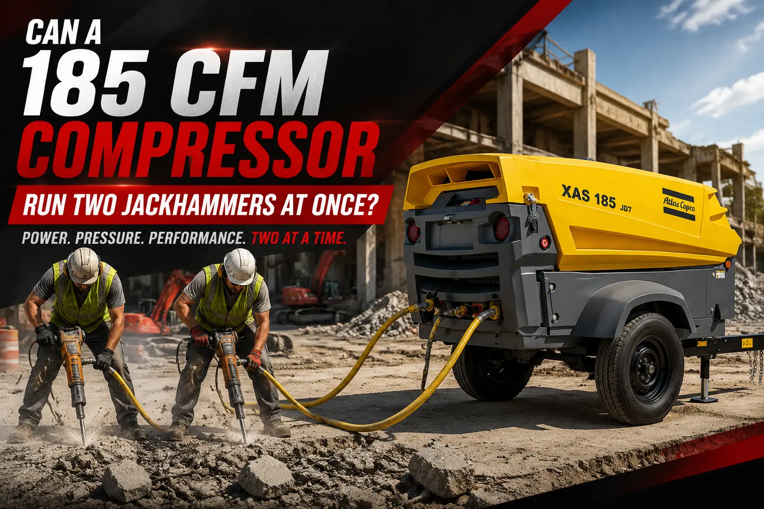 towable air compressor running a pavement breaker on a Long Island jobsite
