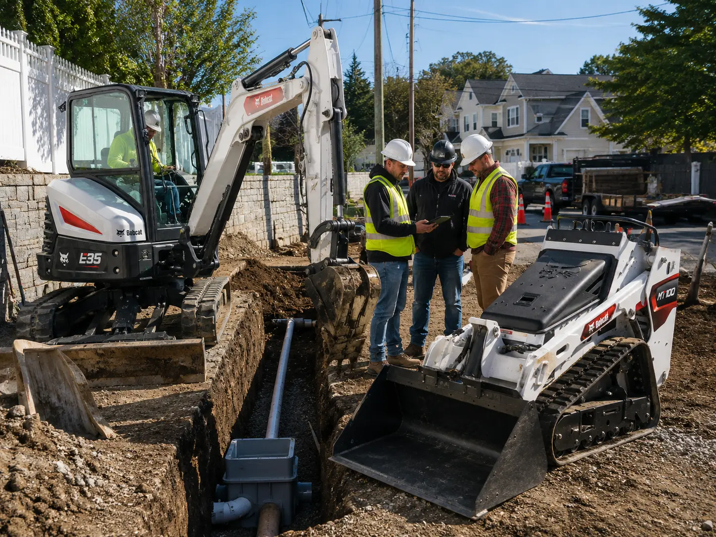 Bobcat E35 mini excavator for utility trenching on Long Island