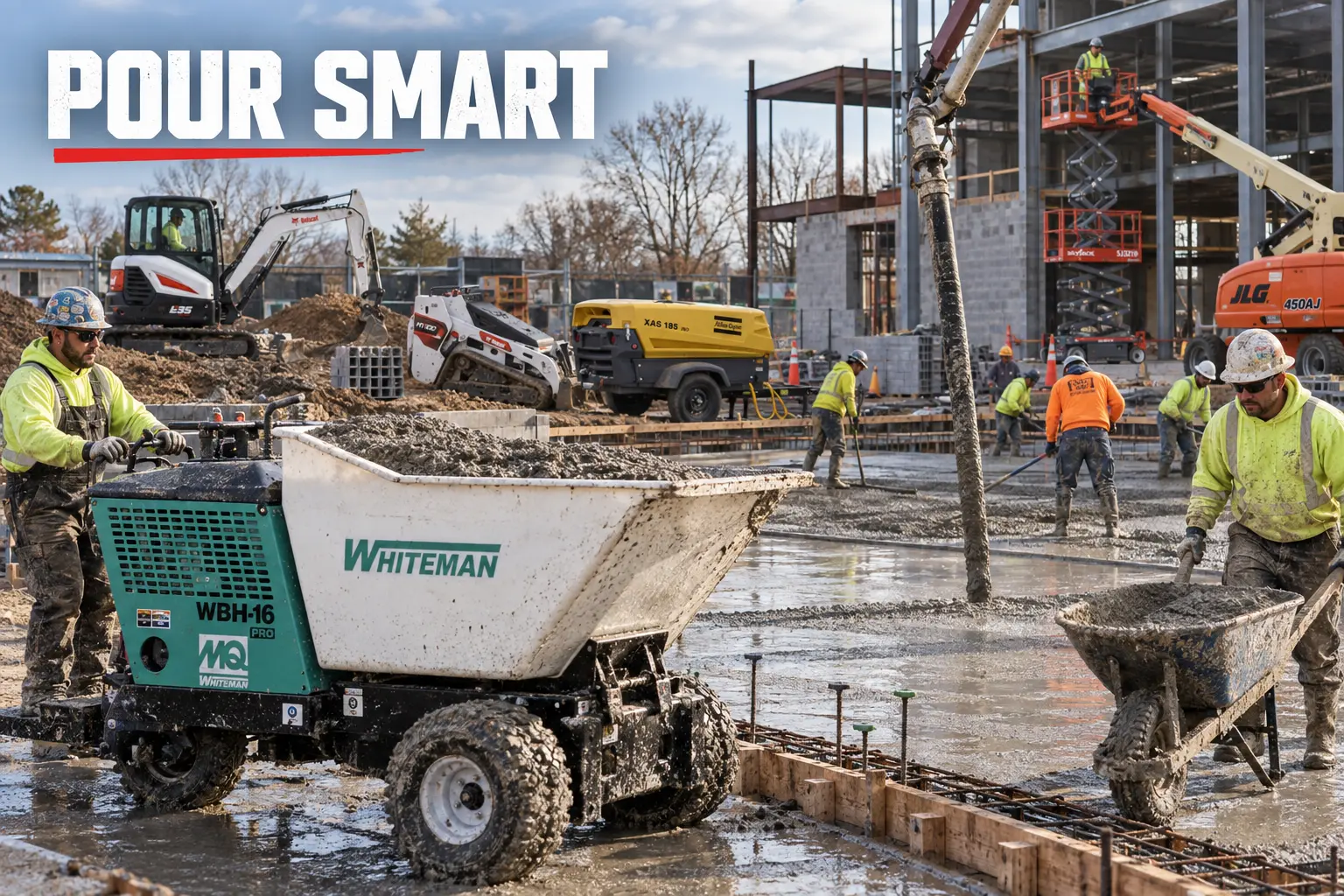 Concrete buggy and concrete pump side-by-side comparison for construction jobsite rental