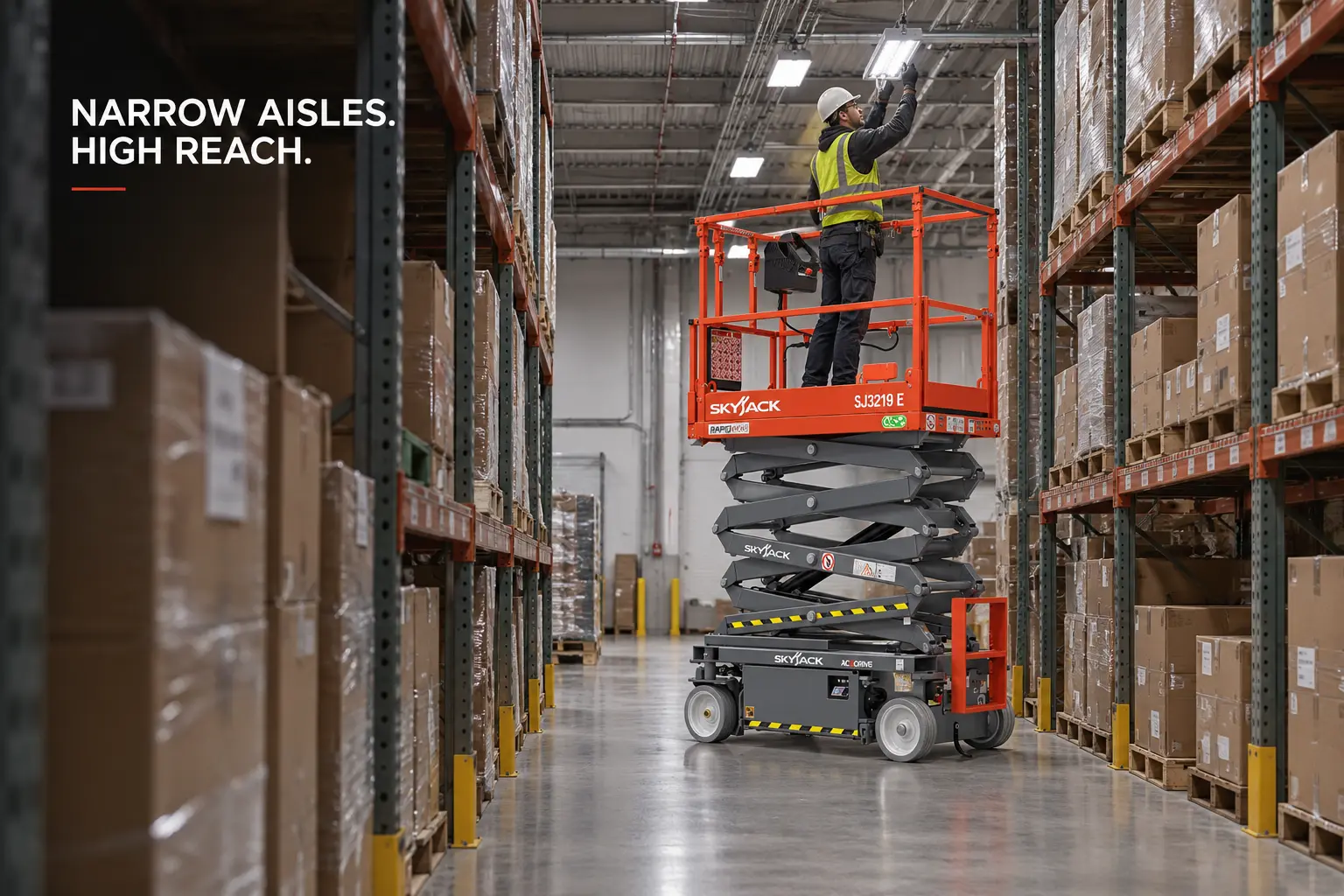 Skyjack SJ3219: Built for Narrow Aisles and Warehouse Ceilings