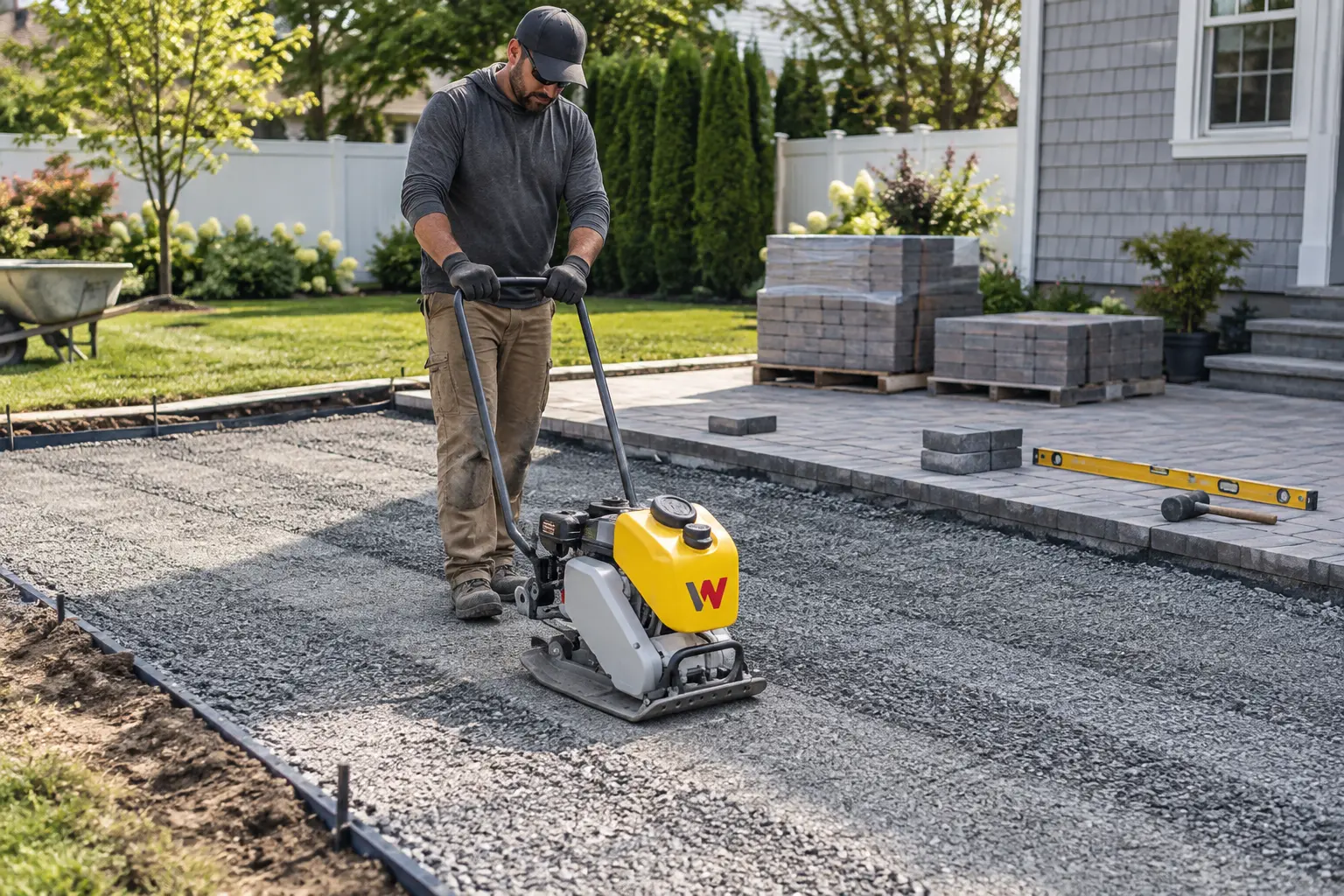 Wacker Neuson plate compactor rental for paver base preparation Long Island
