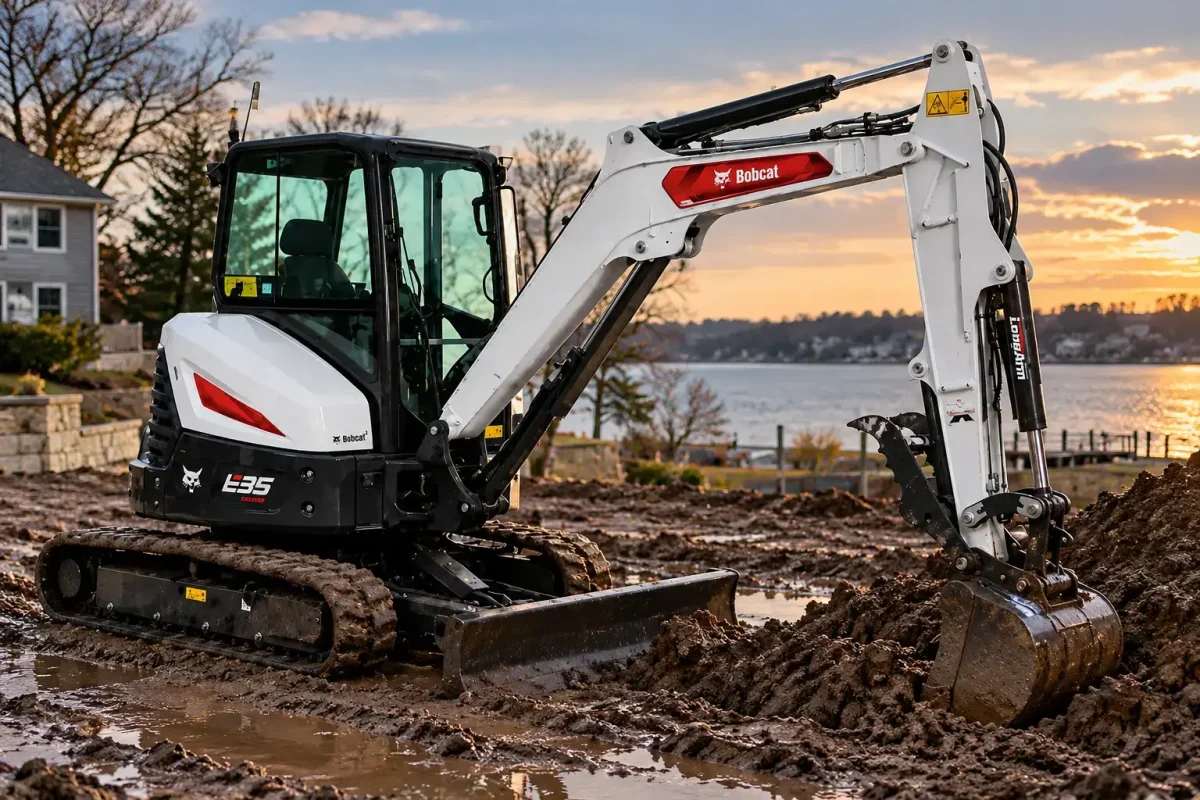 mini excavator on soft ground