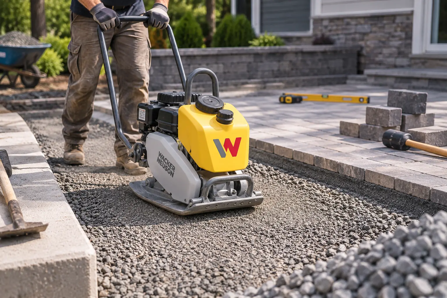 plate compactor compacting gravel base on Long Island paver jobsite