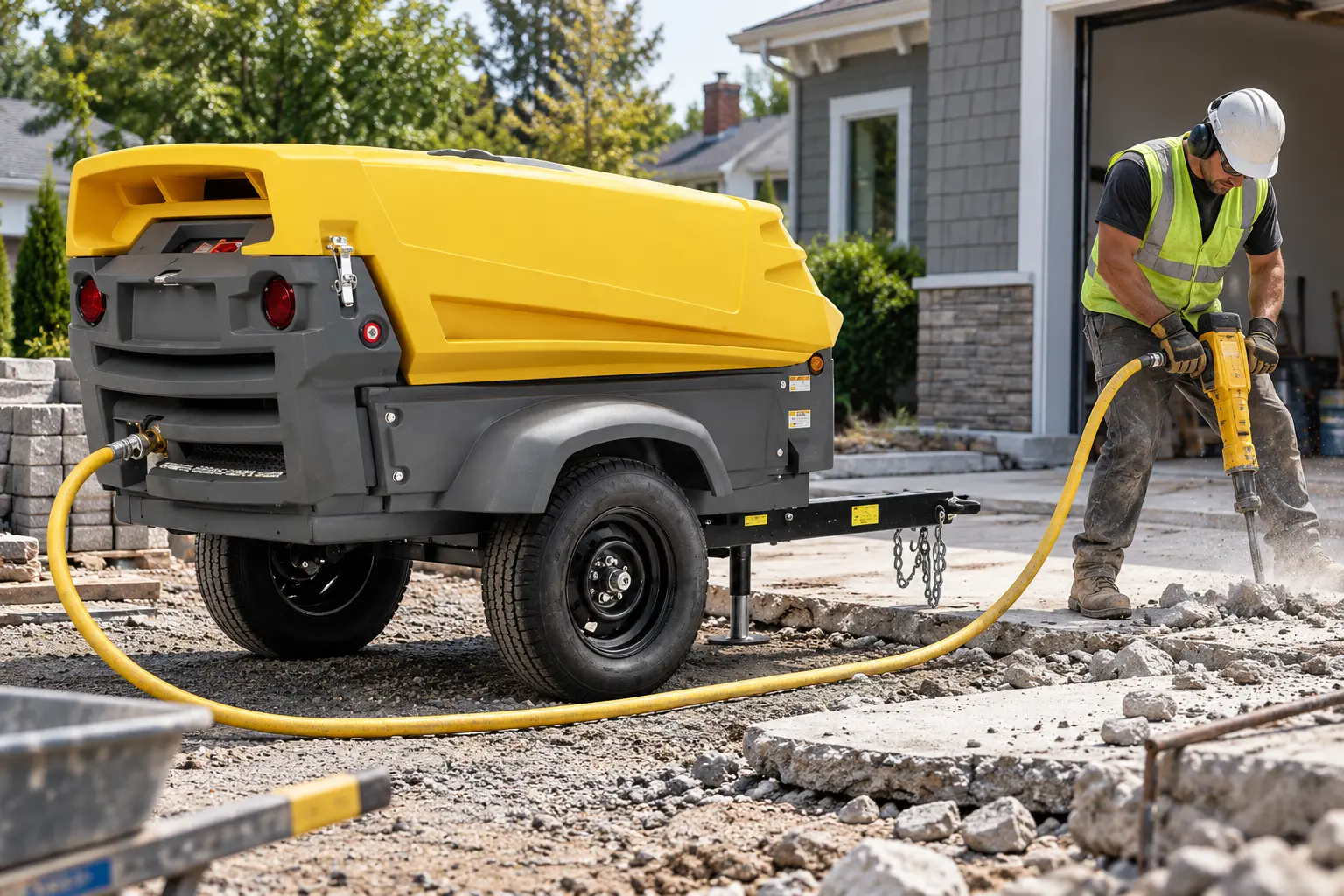 Atlas Copco 185 CFM air compressor powering a breaker on a residential demolition job in Syosset, NY