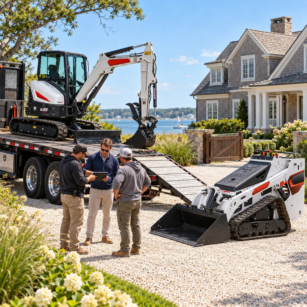 Bobcat E35 mini excavator delivery and Bobcat MT100 rental scheduling at an East Hampton, NY jobsite