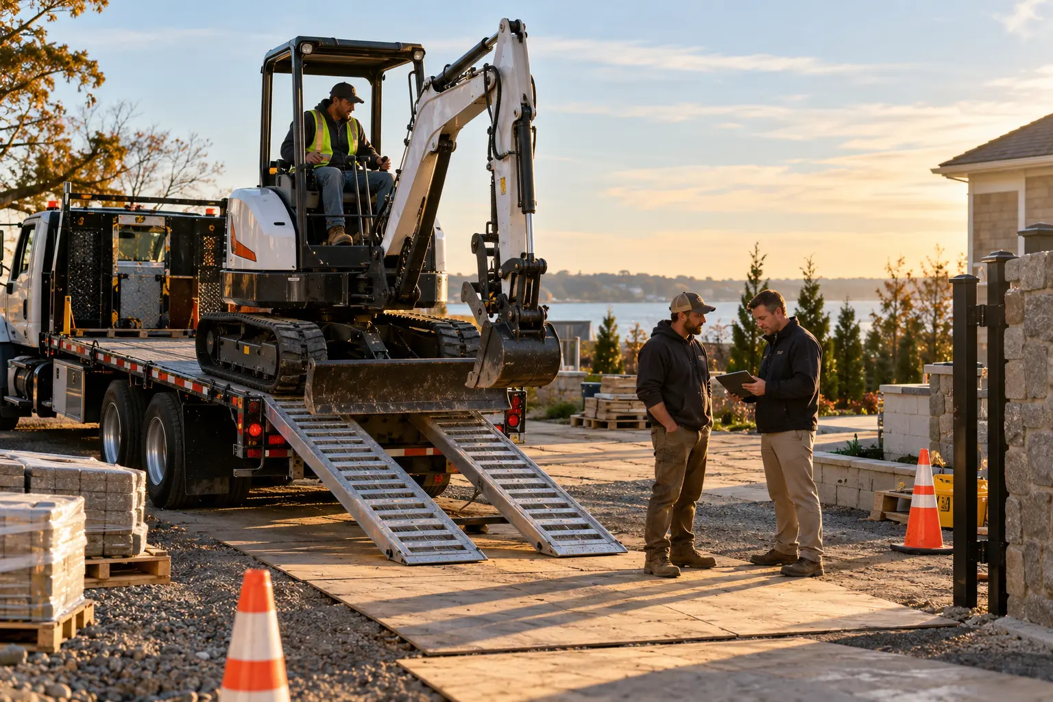 Bobcat E35 mini excavator delivery to a Levittown, NY jobsite by J.E.H Equipment Rentals