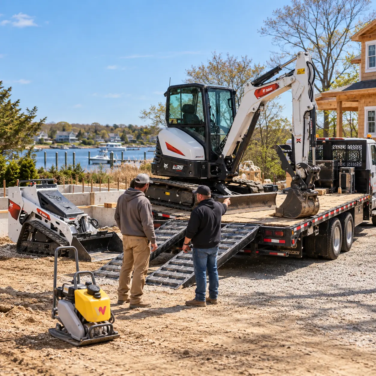 Bobcat E35 mini excavator on a flatbed truck for equipment delivery to a Riverhead, NY jobsite