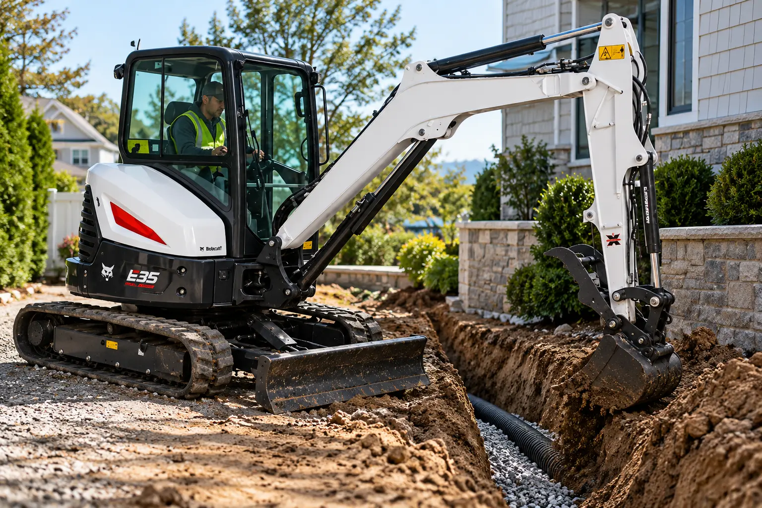 Bobcat E35 mini excavator trenching for drainage at a residential jobsite in Syosset, NY