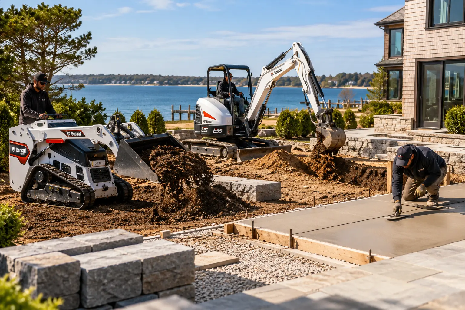Bobcat MT100 mini skid steer and Bobcat E35 mini excavator performing landscaping, trenching, and site preparation at an East Hampton, NY jobsite