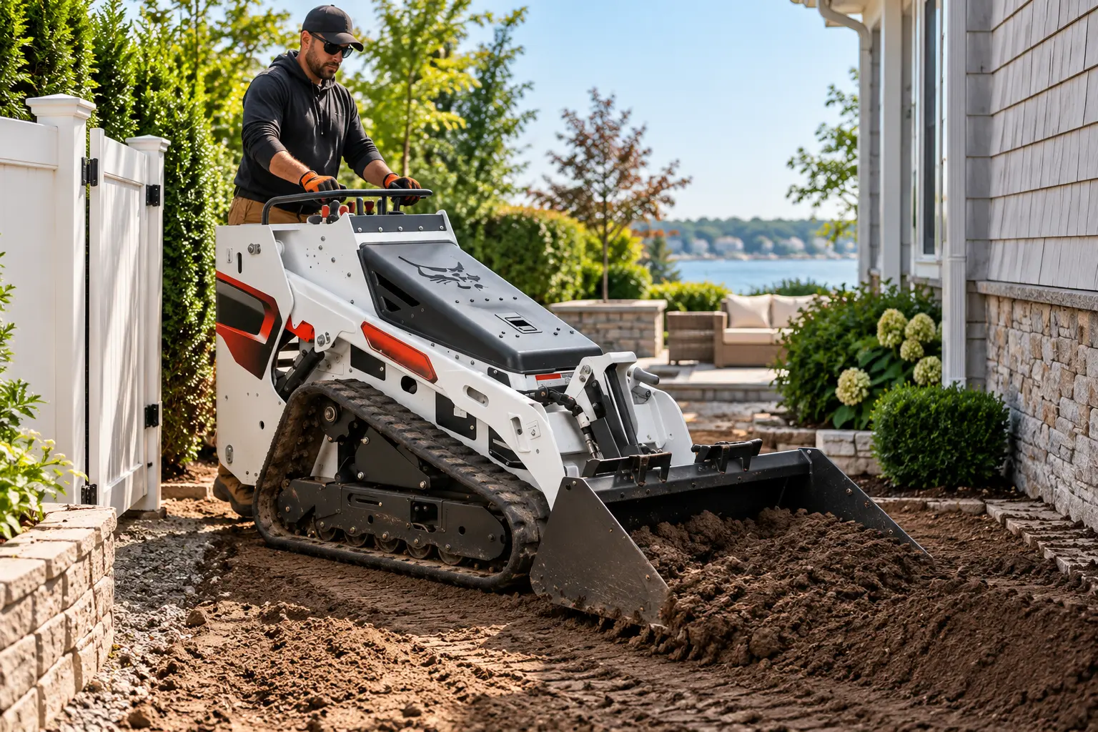 Bobcat MT100 mini skid steer grading a backyard through a narrow gate in Nassau County