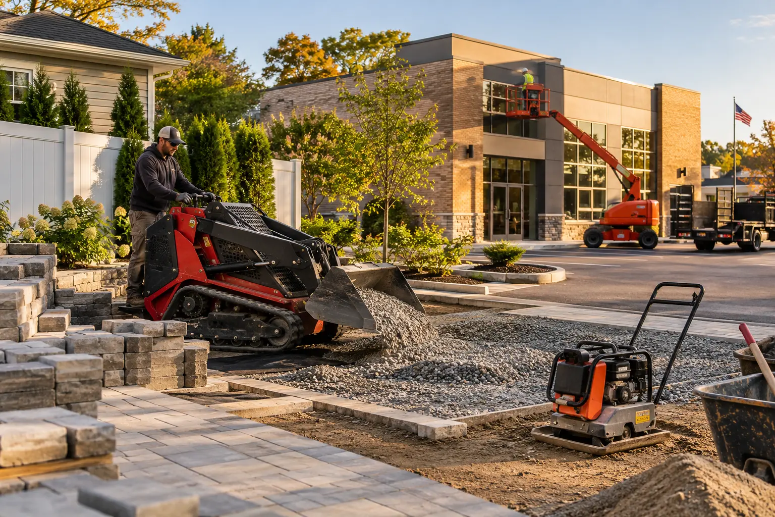 Bobcat MT100 mini skid steer grading soil at a Uniondale, NY jobsite for J.E.H Equipment Rentals