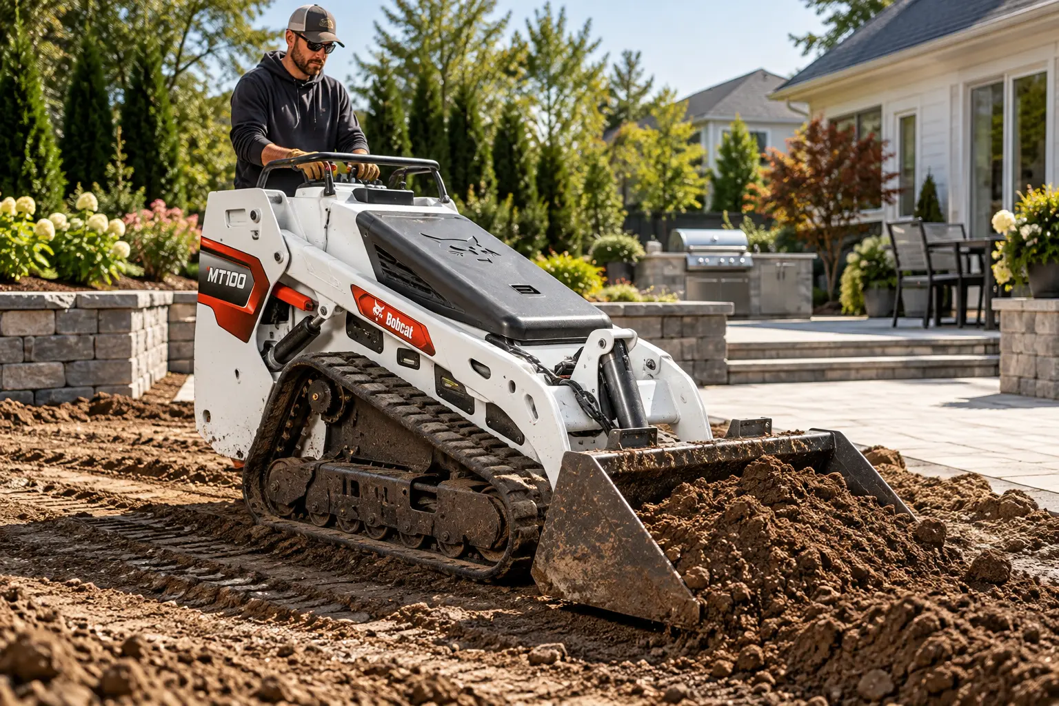 Bobcat MT100 mini skid steer grading soil in a Plainview, NY backyard