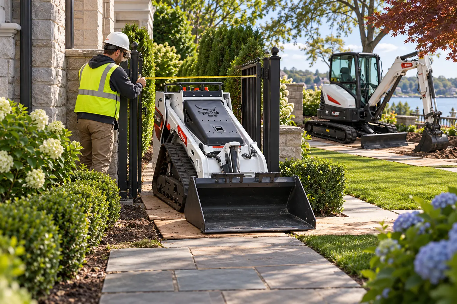 Bobcat MT100 mini skid steer working in a narrow residential yard in Great Neck, NY
