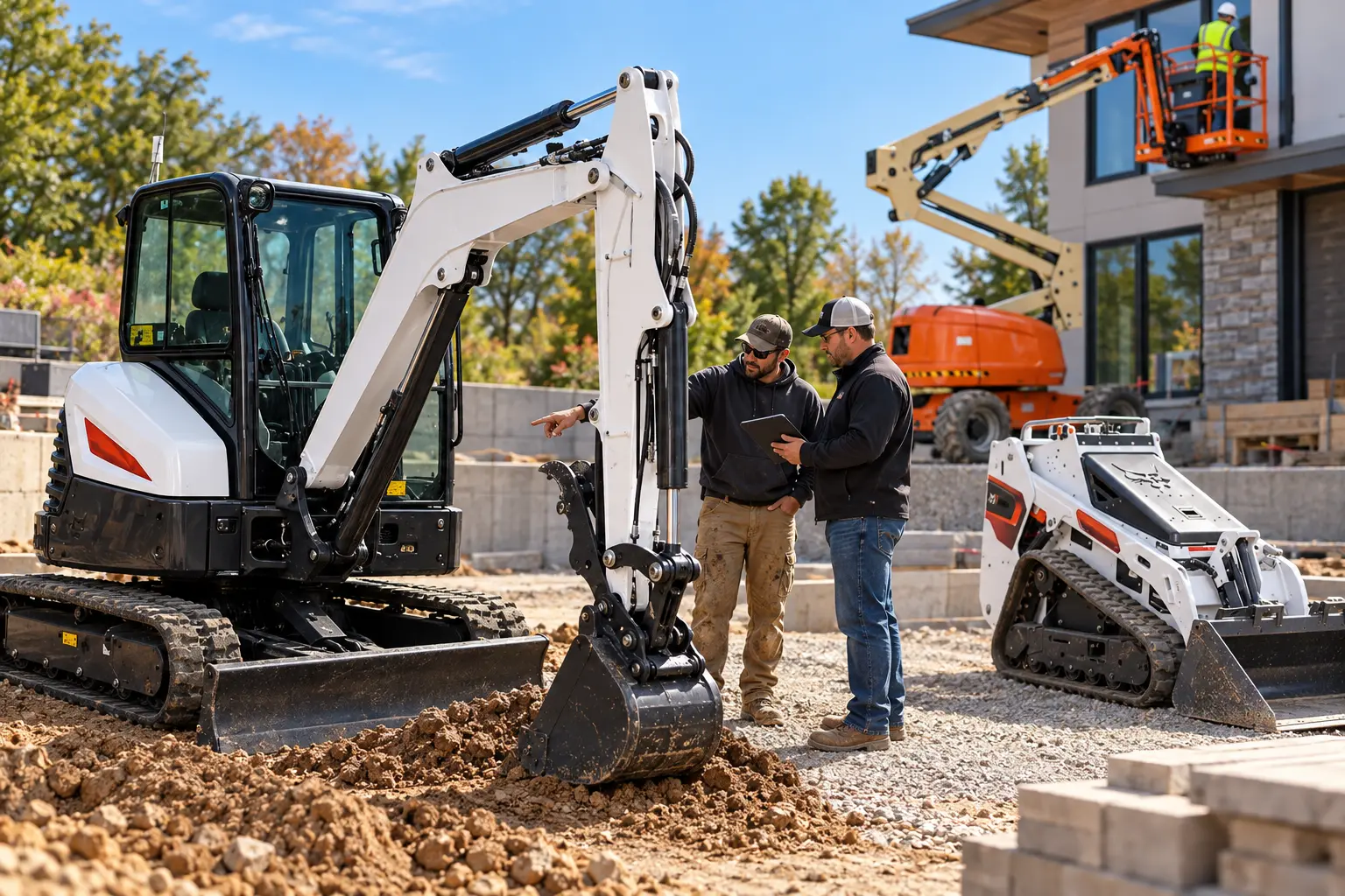 Contractor reviewing Bobcat E35 and Bobcat MT100 rental options with the J.E.H Equipment Rentals team in Plainview, NY