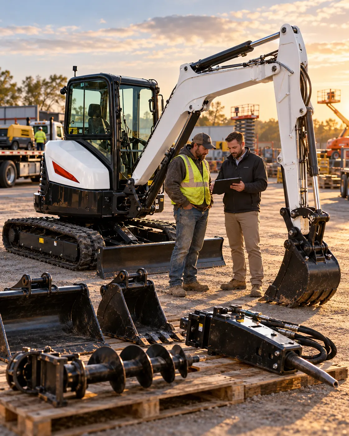 Contractor reviewing Bobcat E35 mini excavator rental rates and attachments with J.E.H Equipment Rentals in Uniondale, NY
