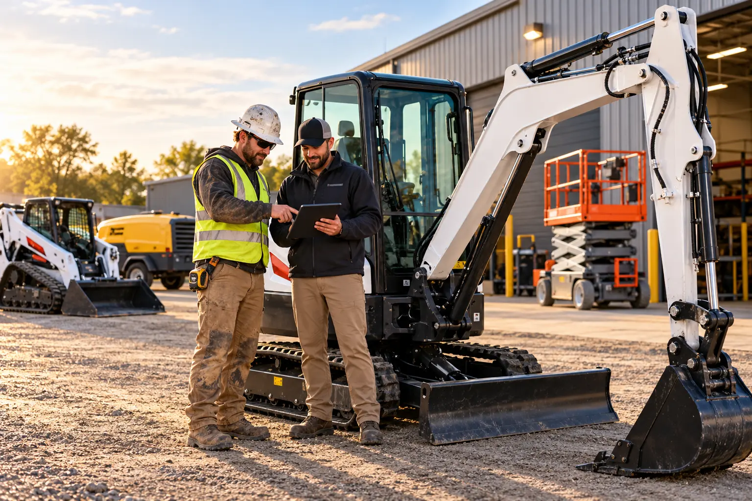Contractor reviewing a Bobcat E35 mini excavator rental with J.E.H Equipment Rentals for a Hicksville, NY job