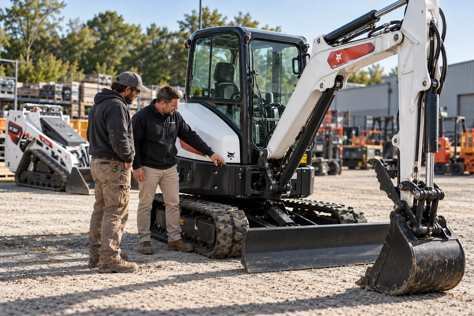 Contractor reviewing a Bobcat E35 mini excavator with the J.E.H Equipment Rentals team in Plainview, NY
