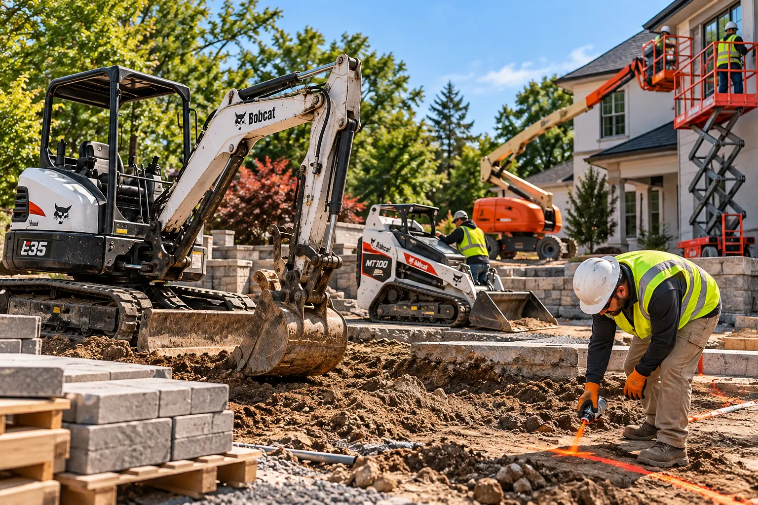 J.E.H Equipment Rentals crew with Bobcat E35 and MT100 equipment at a Syosset, NY jobsite