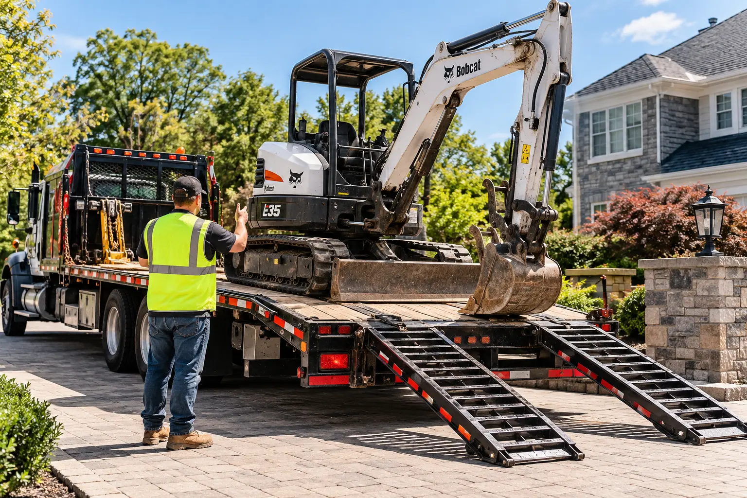 J.E.H Equipment Rentals delivery truck unloading a Bobcat E35 mini excavator at a Syosset, NY jobsite