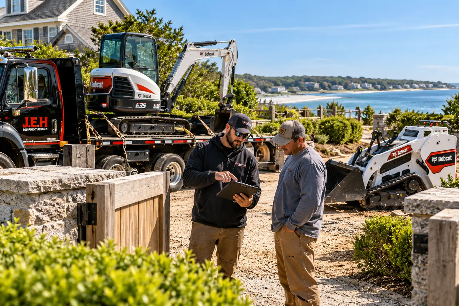 J.E.H Equipment Rentals team discussing Bobcat E35 mini excavator and Bobcat MT100 rental options at an East Hampton, NY jobsite