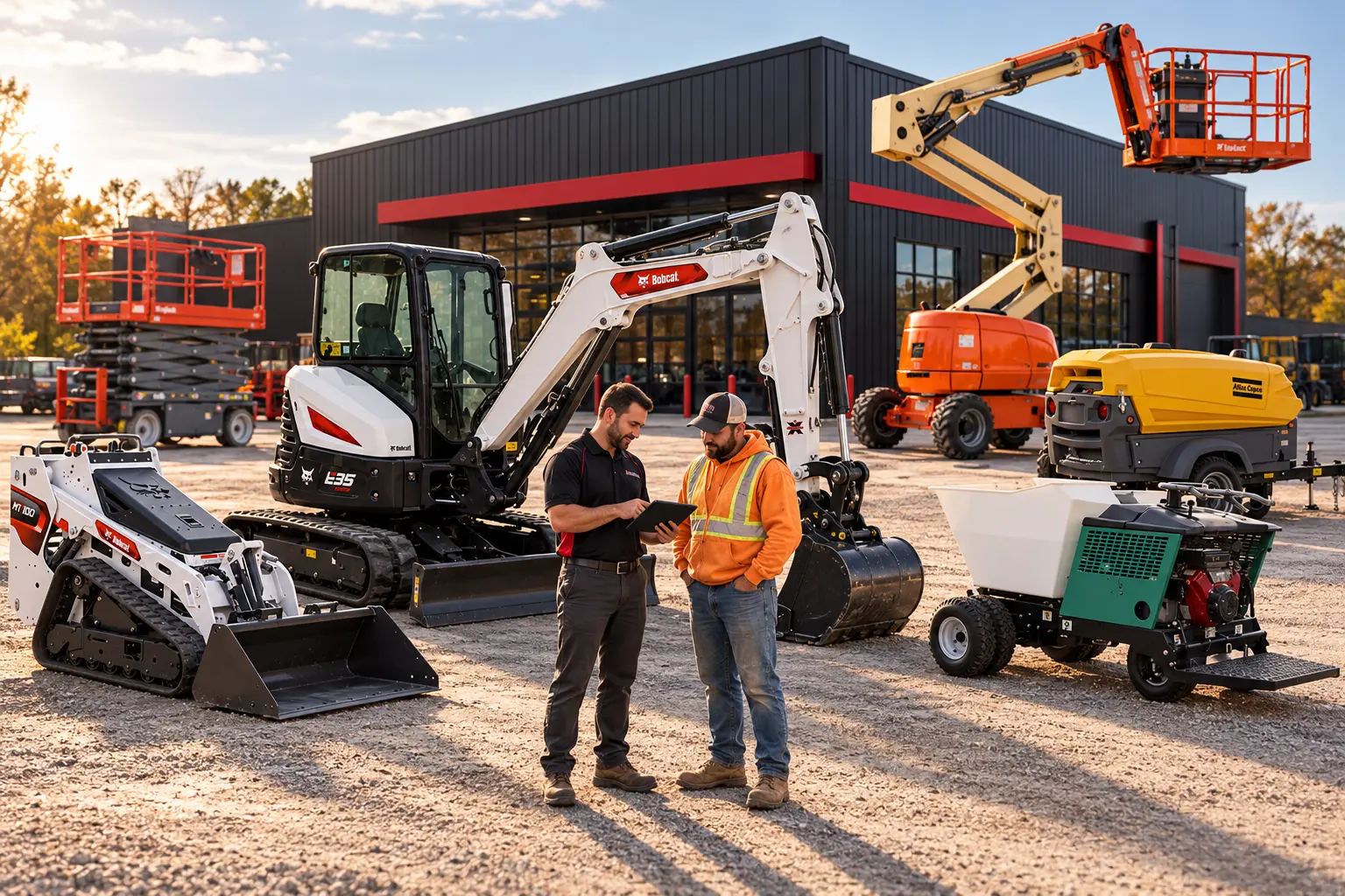 J.E.H Equipment Rentals team member helping a contractor beside a Bobcat E35 mini excavator on Long Island