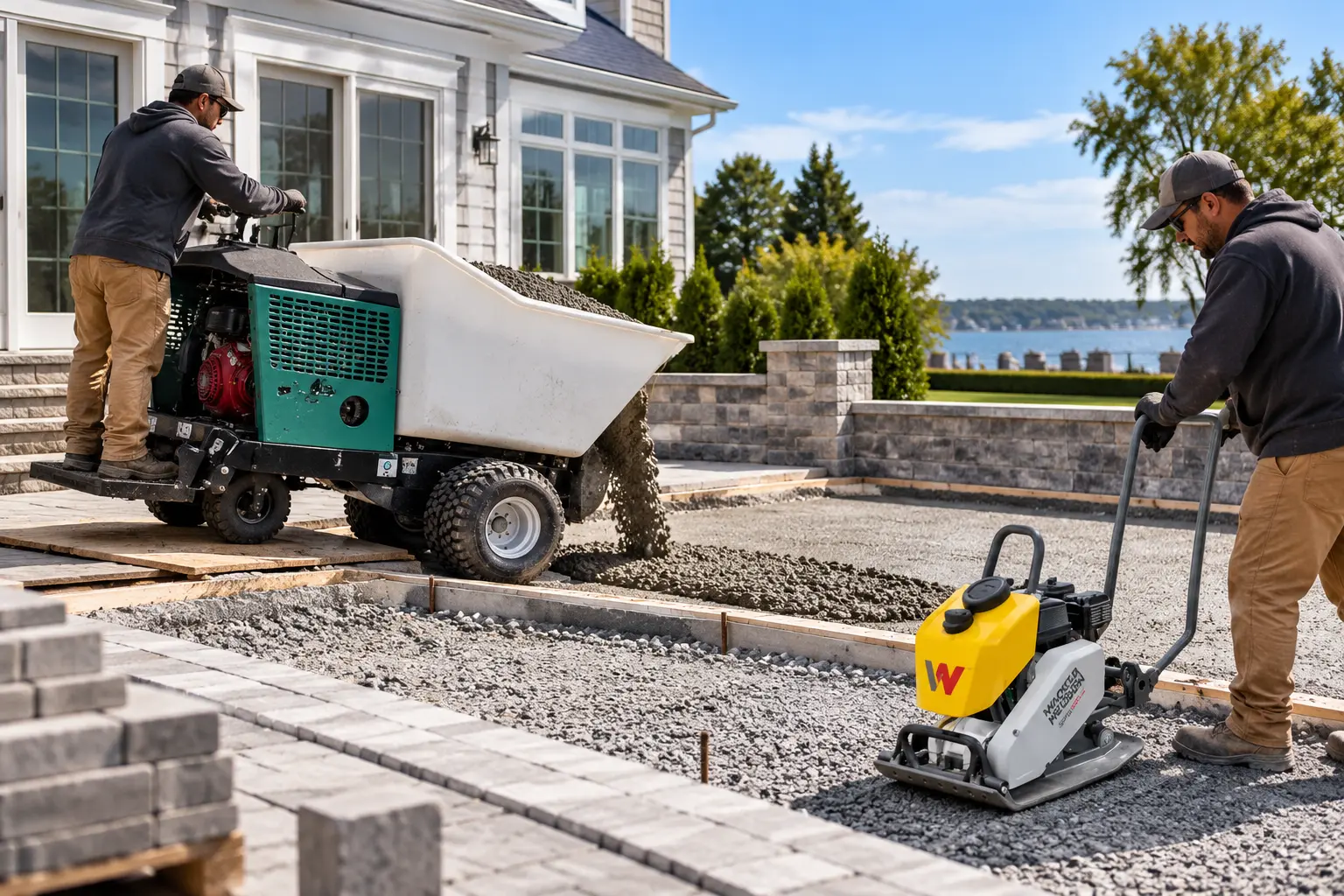 Multiquip WBH concrete buggy and Wacker Neuson plate compactor at a Syosset, NY patio installation jobsite